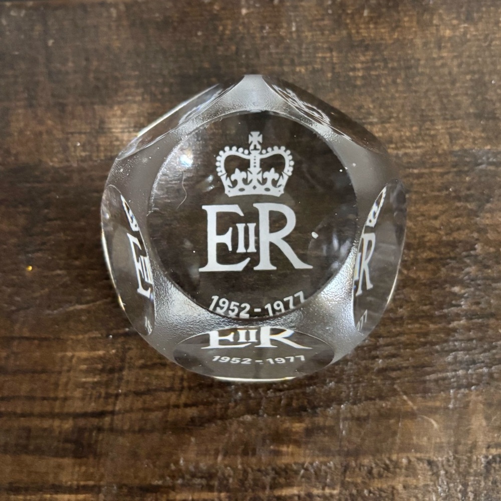 Vintage Glass Crystal Queen’s Silver Jubilee Commemorative Paperweight, c.1977